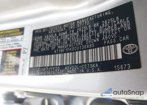 2012 Toyota Camry Se from USA, damaged, VIN 4T1BF1FK0CU136885